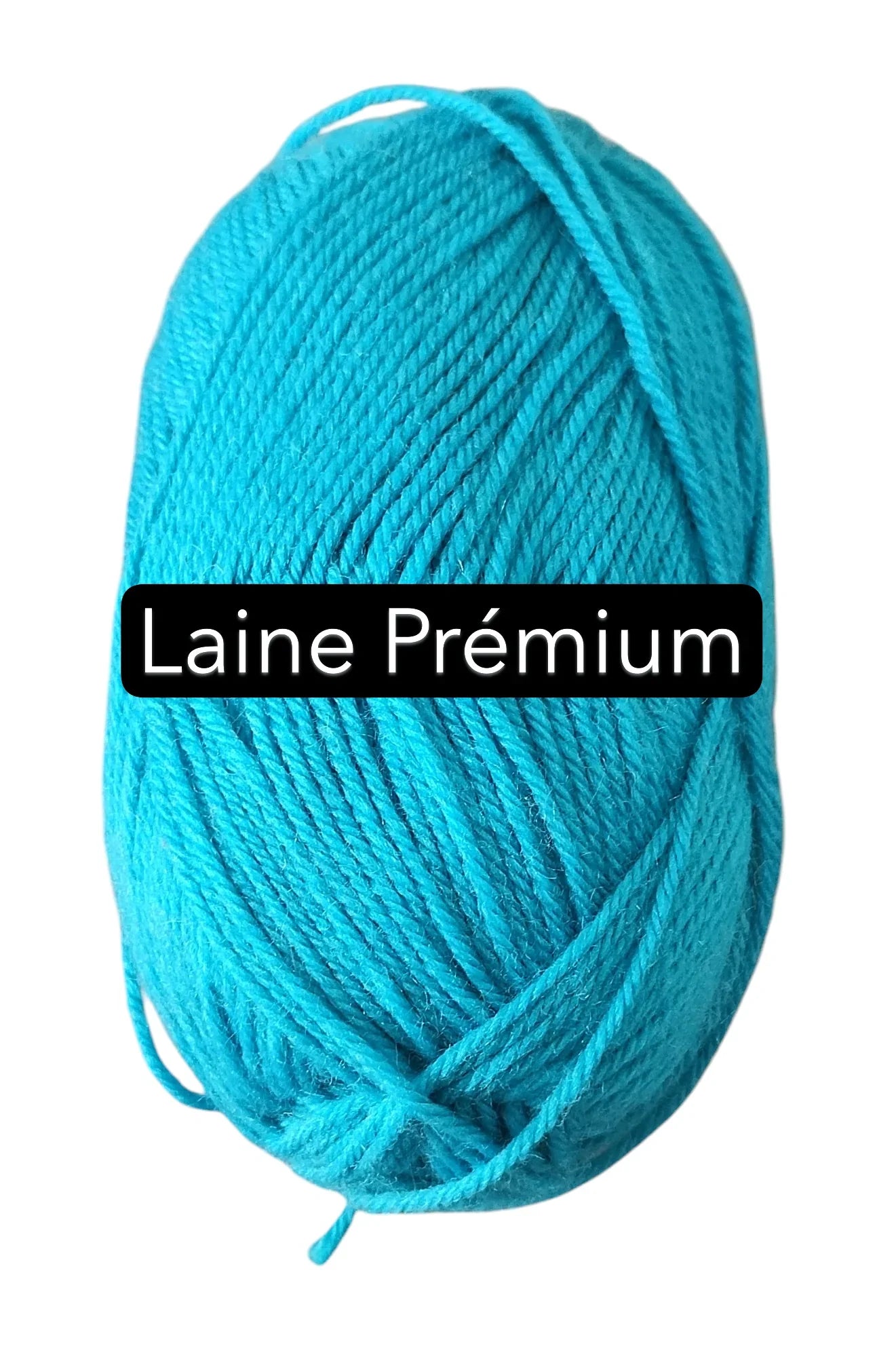 Ball of turquoise premium yarn labeled 'Laine Prémium' for crochet at Croch'pelotes by Sophie