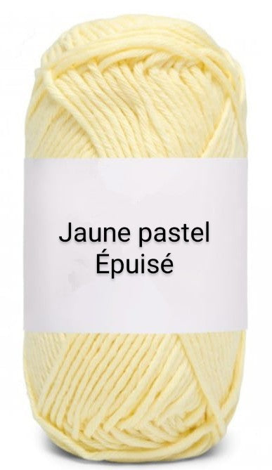 Pastel yellow yarn skein labeled 'Jaune pastel épuisé' from Croch'pelotes by Sophie