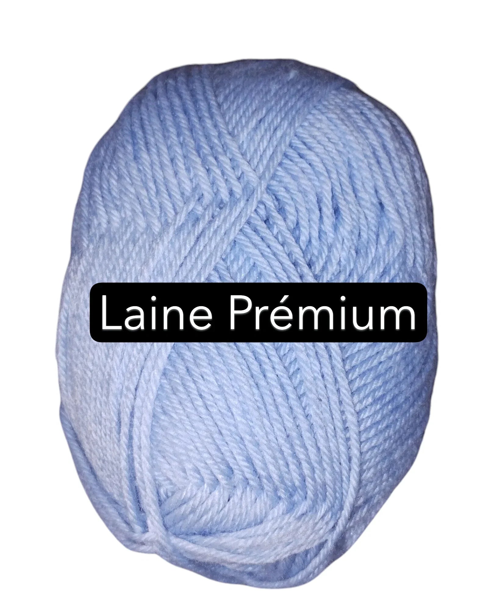 Light blue premium yarn ball, labeled Laine Prémium, for handmade crochet by Croch'pelotes.