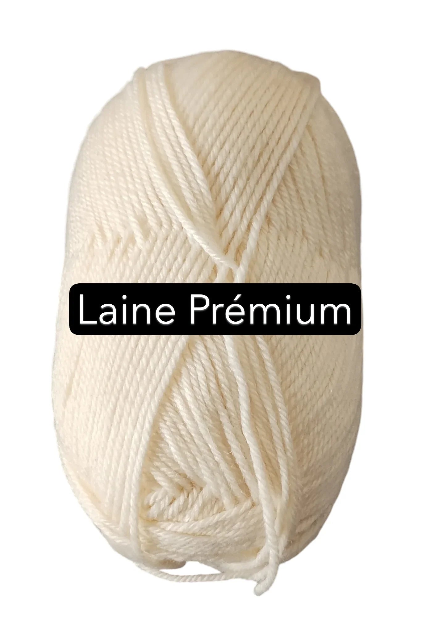 Premium white yarn ball labeled Laine Prémium from Croch'pelotes by Sophie