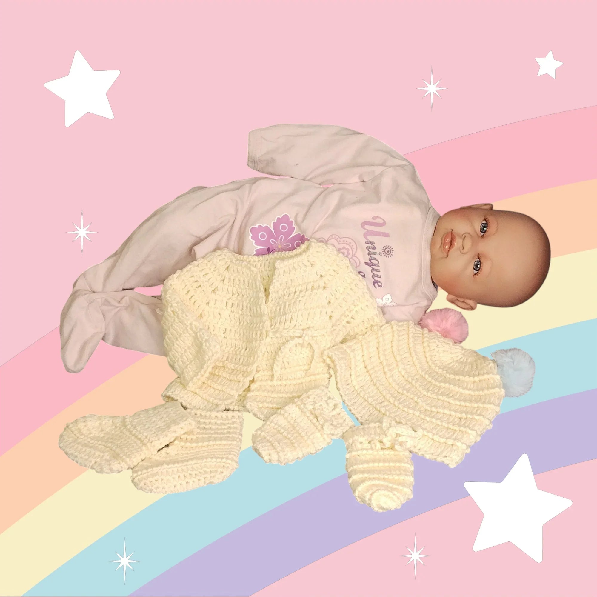 Handmade crochet baby set with sweater, booties, mittens, and hat on a baby doll, pastel rainbow background