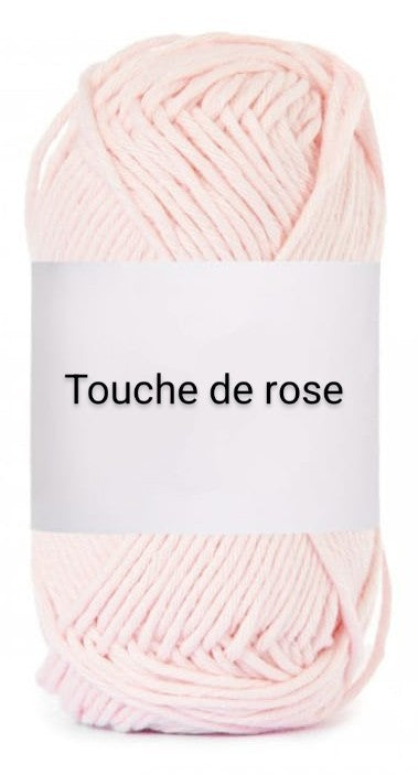 Soft pink yarn skein labeled 'Touche de rose', Croch'pelotes by Sophie crochet supply