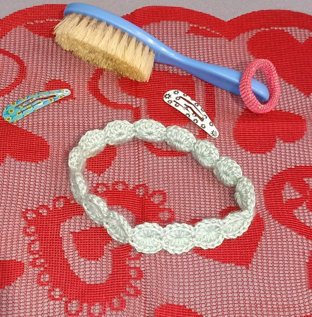 Handmade crochet lemonade yellow headband on red heart lace with hairbrush and clips, Croch'pelotes by Sophie