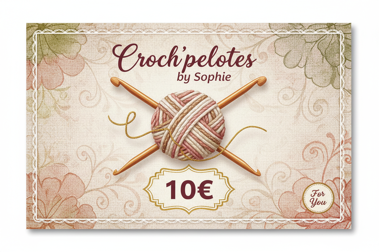 carte cadeau avec écrit Croch'pelotes by Sophie 10€ avec une pelote et des crochet