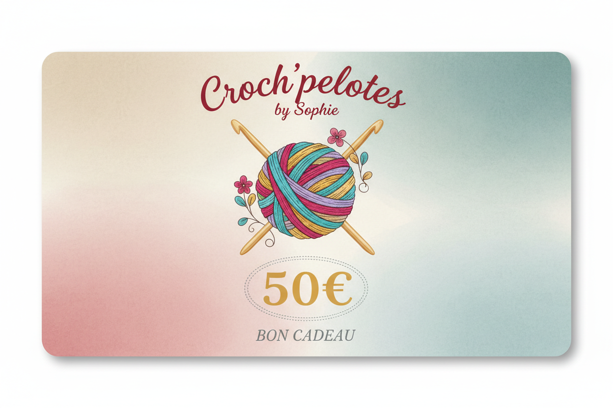 carte cadeau en francais avec écrit Croch'pelotes by Sophie 50€ avec une pelote et des crochets