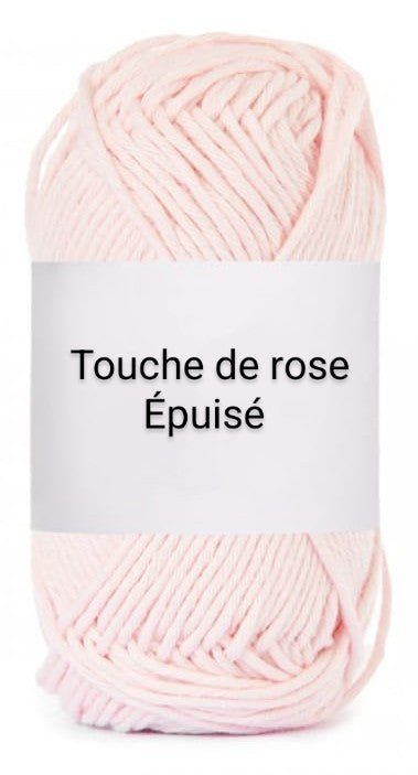 Light pink yarn ball labeled 'Touche de rose épuisé' from Croch'pelotes by Sophie.