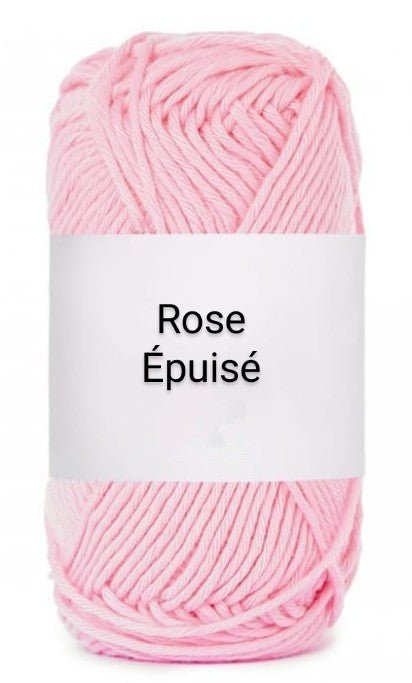 Ball of light pink crochet yarn with white label marked 'Rose Épuisé', Croch'pelotes by Sophie