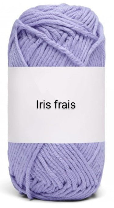 Skein of light purple yarn labeled Iris frais, ideal for handmade crochet projects.
