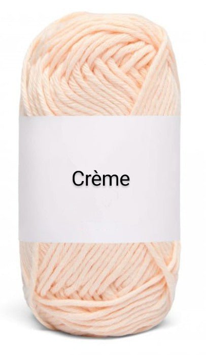 Ball of cream-colored yarn labeled Crème, ideal for handmade crochet accessories