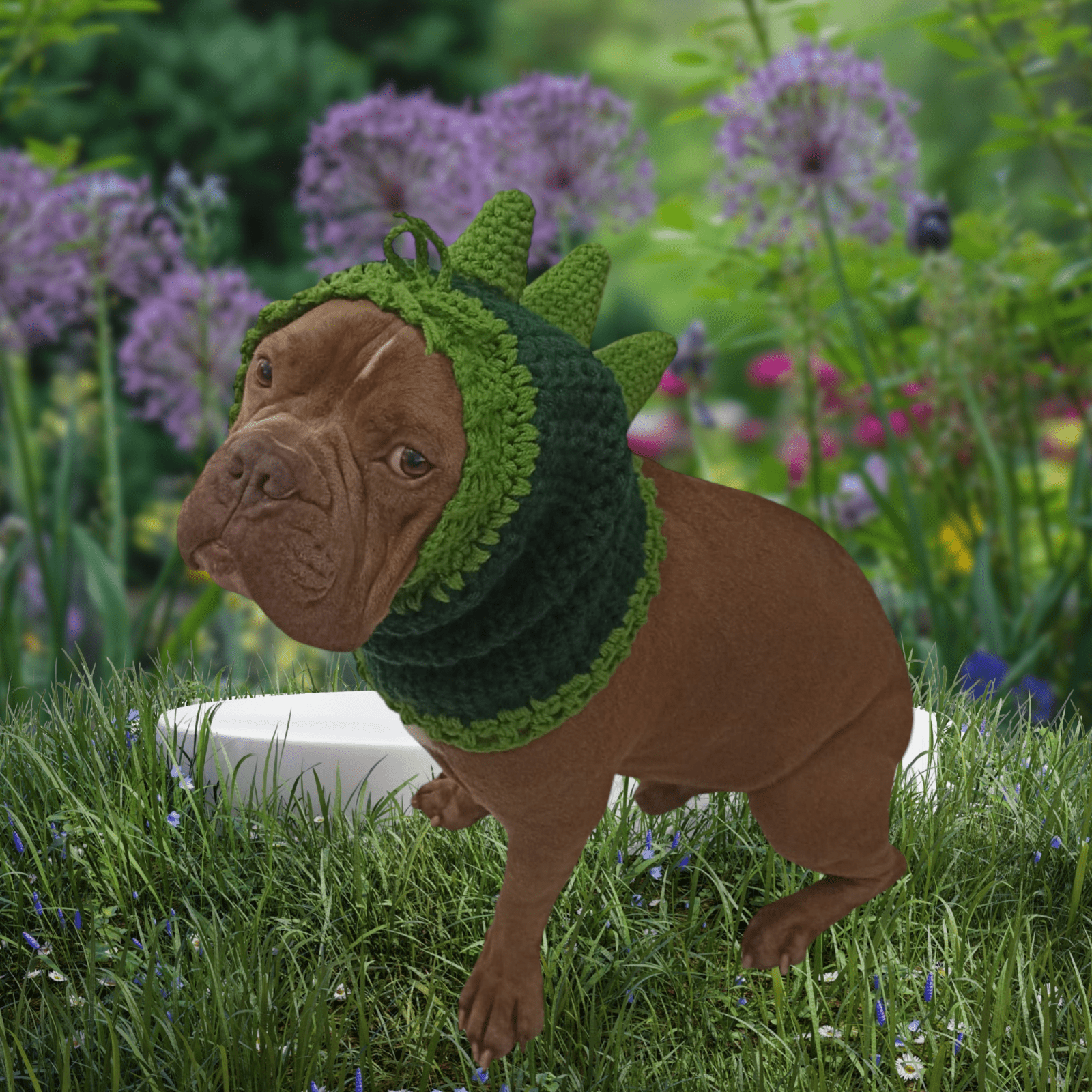 Dog wearing handmade green crochet snood with spikes, outdoors in a grassy garden